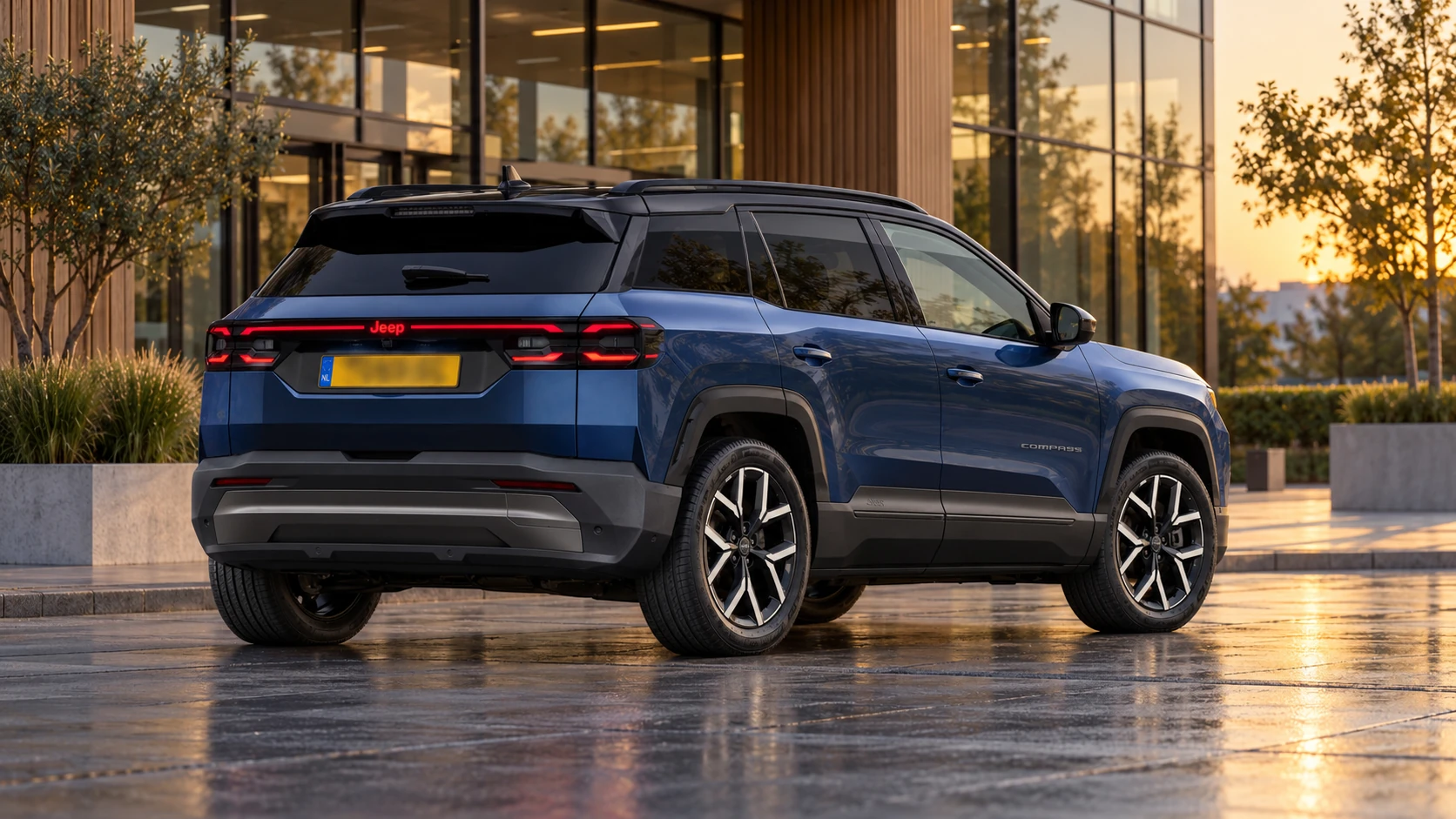 Achterzijde van dezelfde blauwe Jeep Compass